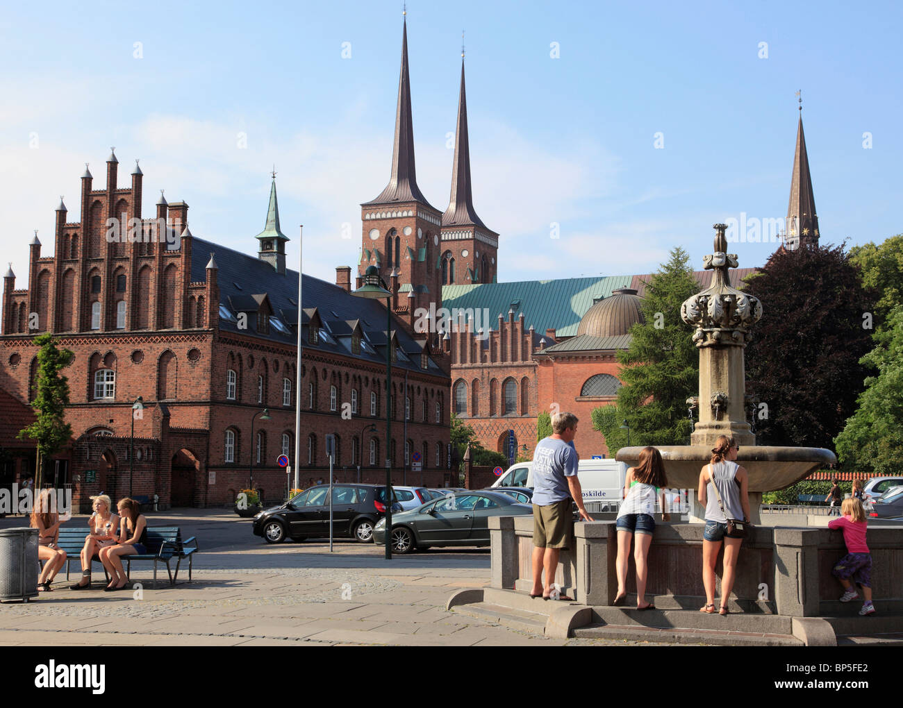 Denmark, Zealand, Roskilde, Cathedral, town hall, main square, people, Stock Photo