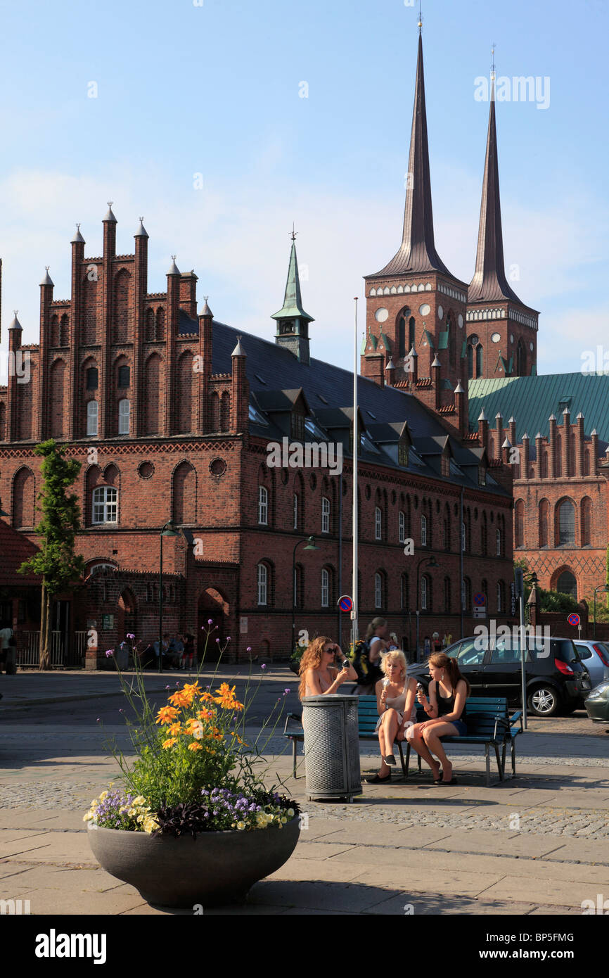 Denmark, Zealand, Roskilde, Cathedral, town hall, main square, people, Stock Photo