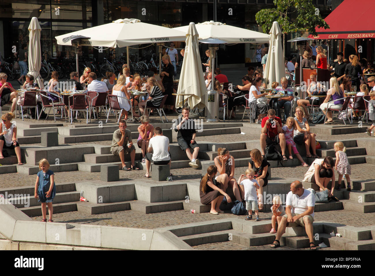 Denmark, Jutland, Arhus, street scene, people, leisure, cafe, Stock Photo