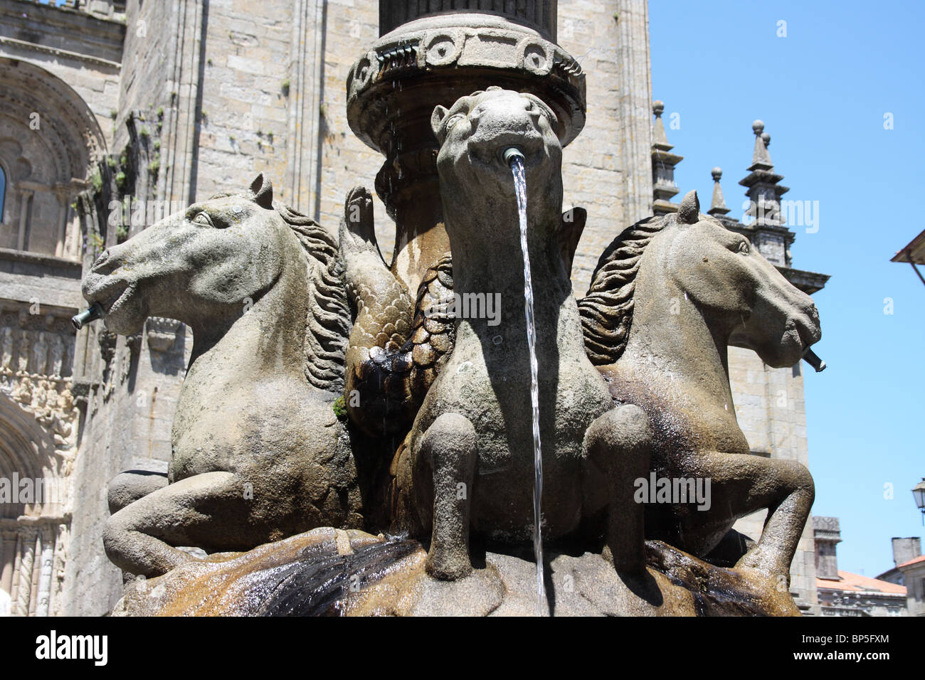 Three horses heads of the Dos Cavalos Fountain, (Fuente de los Caballos) Praza das Praterias, Santiago de Compostella, Galicia Stock Photo