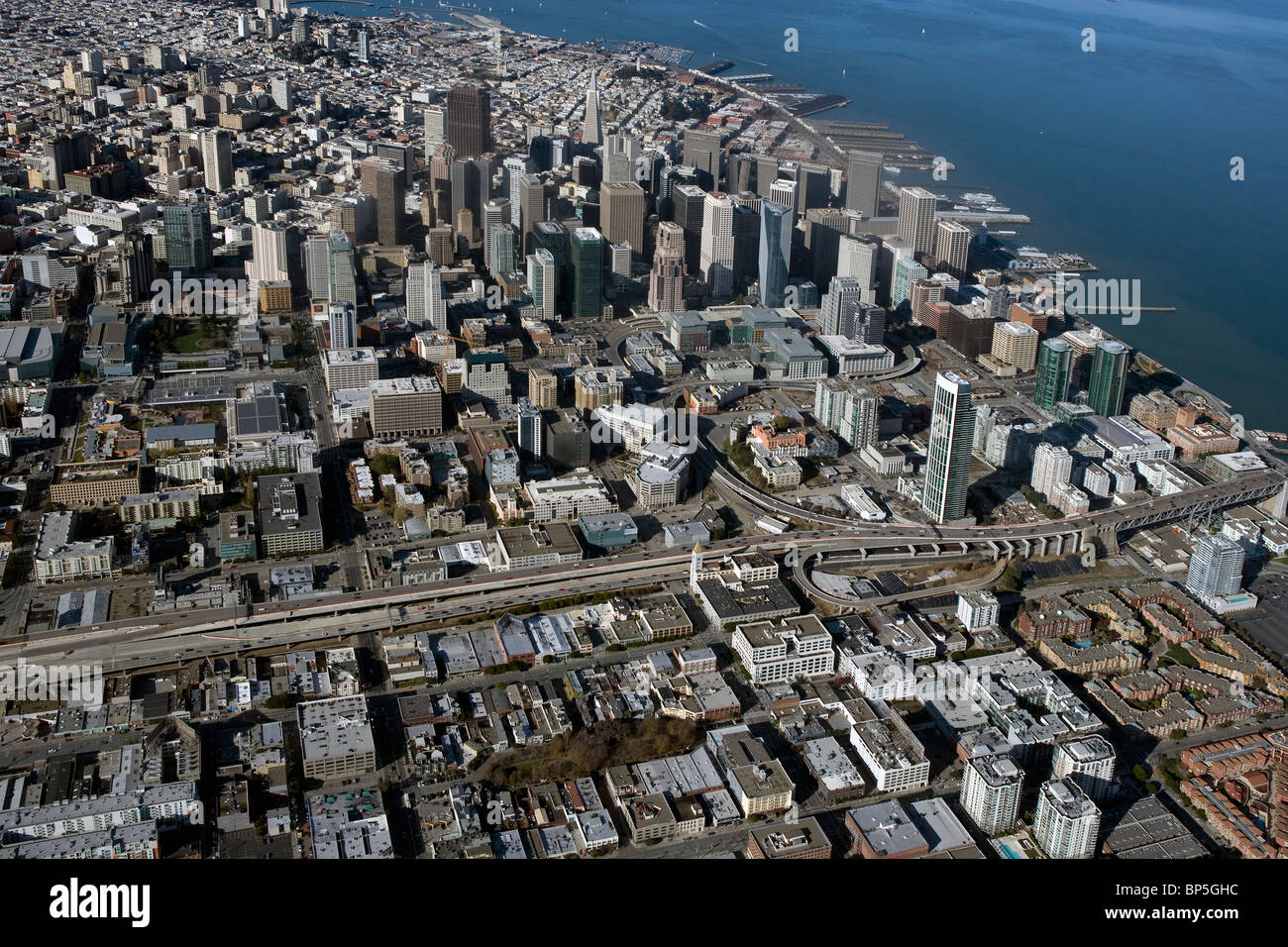 aerial view above financial district downtown San Francisco California Stock Photo