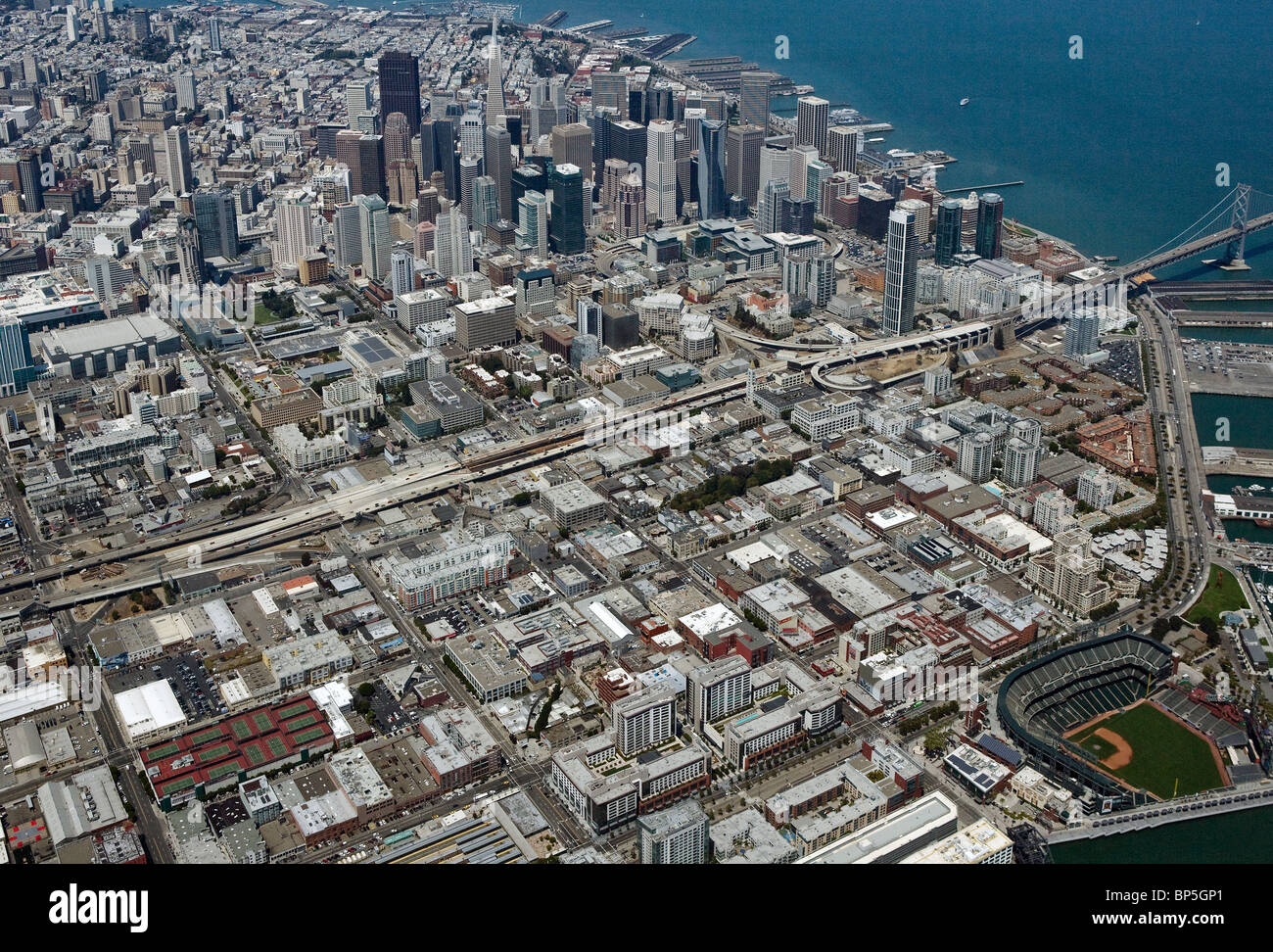 aerial view above Embarcadero SOMA South of Market financial district downtown San Francisco California Stock Photo