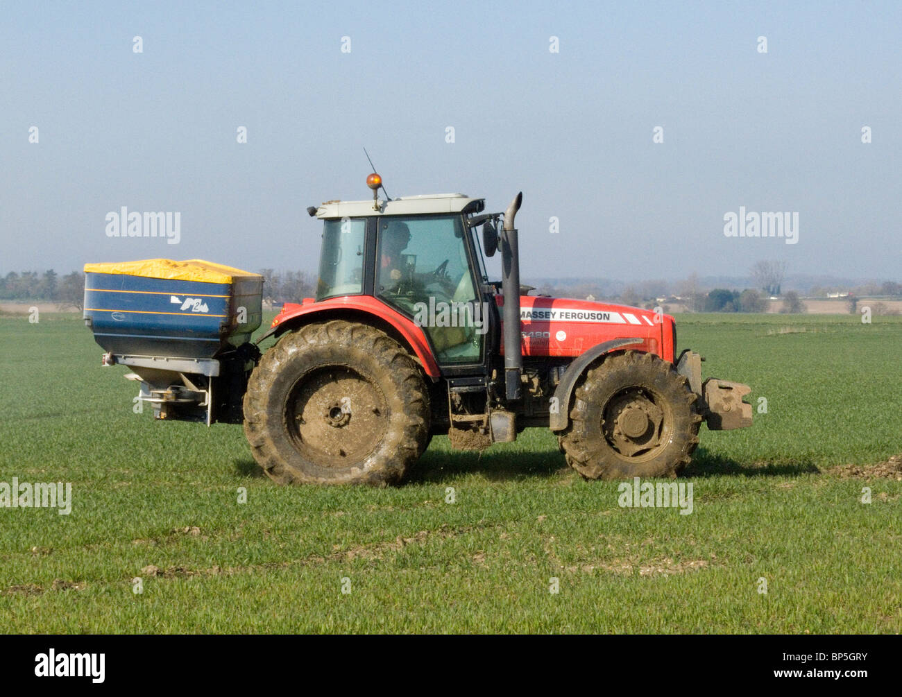 Massey Ferguson tractor fitted with KRA fertilizer spreader at work in a field in Norfolk Stock Photo