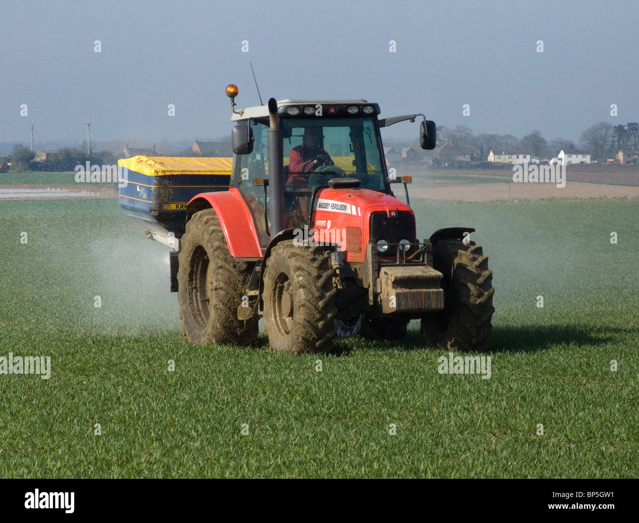 Massey Ferguson tractor fitted with KRA fertilizer spreader at work in a field in Norfolk Stock