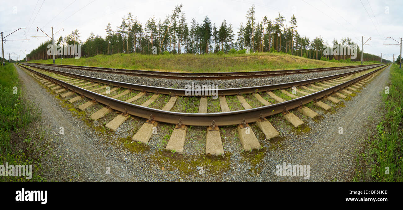 The wide-angle panoramic photo of railroad tracks - 180 degrees Stock Photo