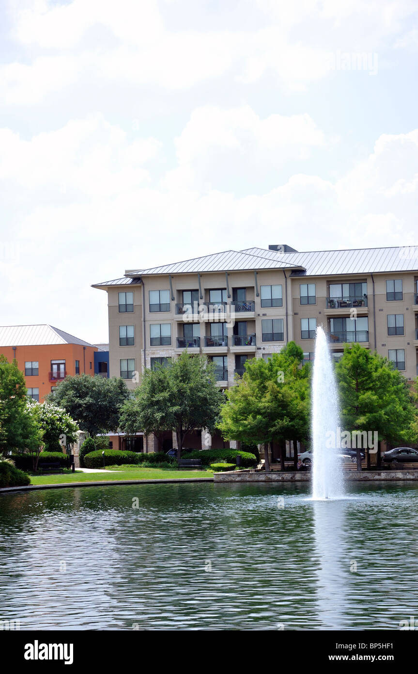 Modern apartment buildings in residential community at Legacy, Plano