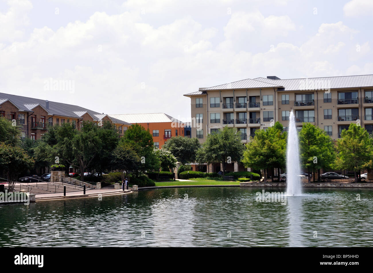 Modern apartment buildings in residential community at Legacy, Plano