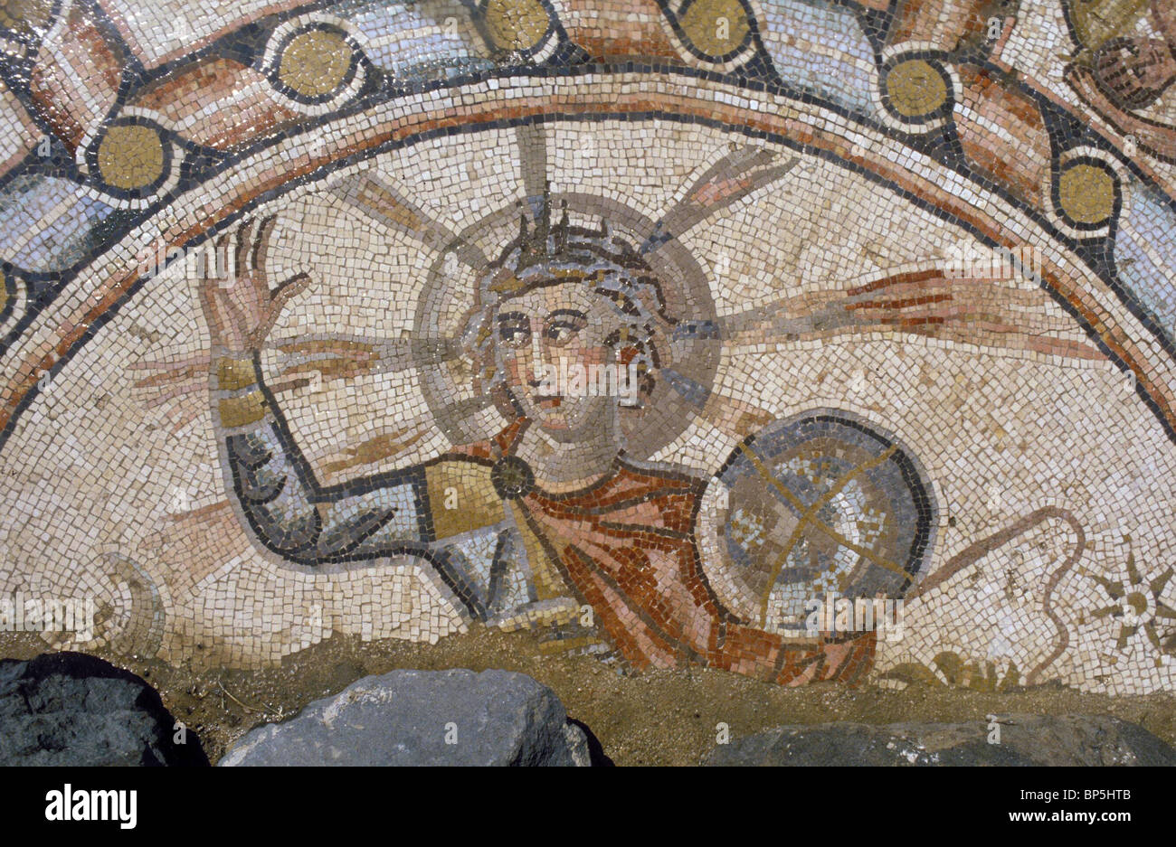 3306. MOSAIC FLOOR FROM THE 5TH. C. SYNAGOGUE IN TIBERIAS DETAIL DEPICTING HELIOS, THE GREEK SUN-GOD, Stock Photo