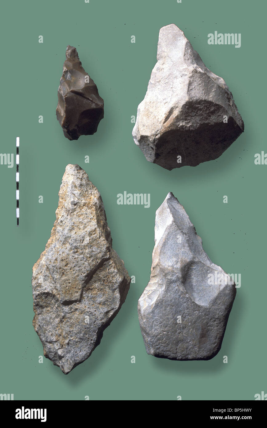 TOOLS USED BY HOMO ERECTUS C. 50TH. MILLENNIUM. THE STONE TOOL IS SHARPENED ONLY AT ONE SIDE ENABLING THE USER TO HOLD IT AT Stock Photo