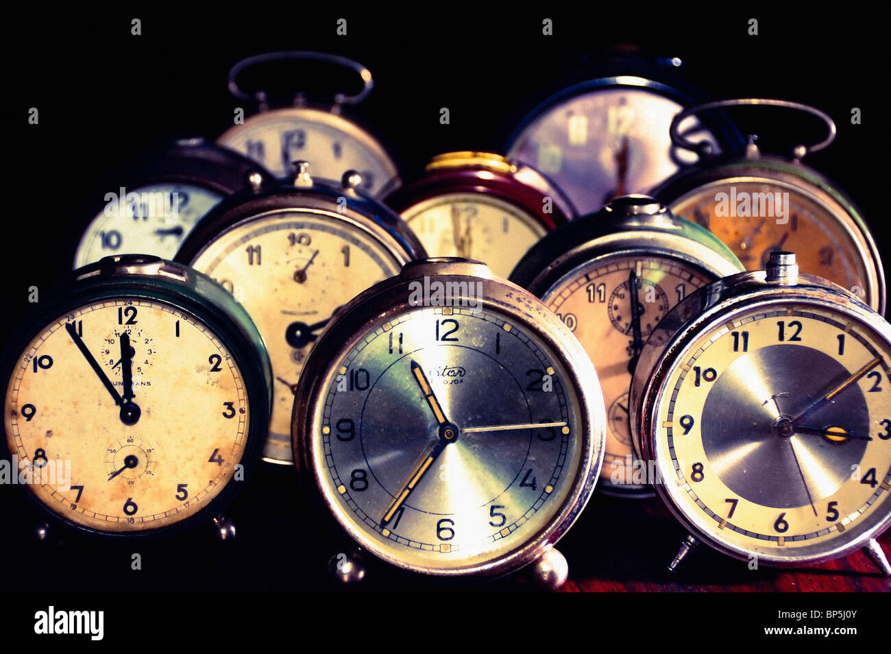 collection of old vintage alarm clocks Stock Photo Alamy