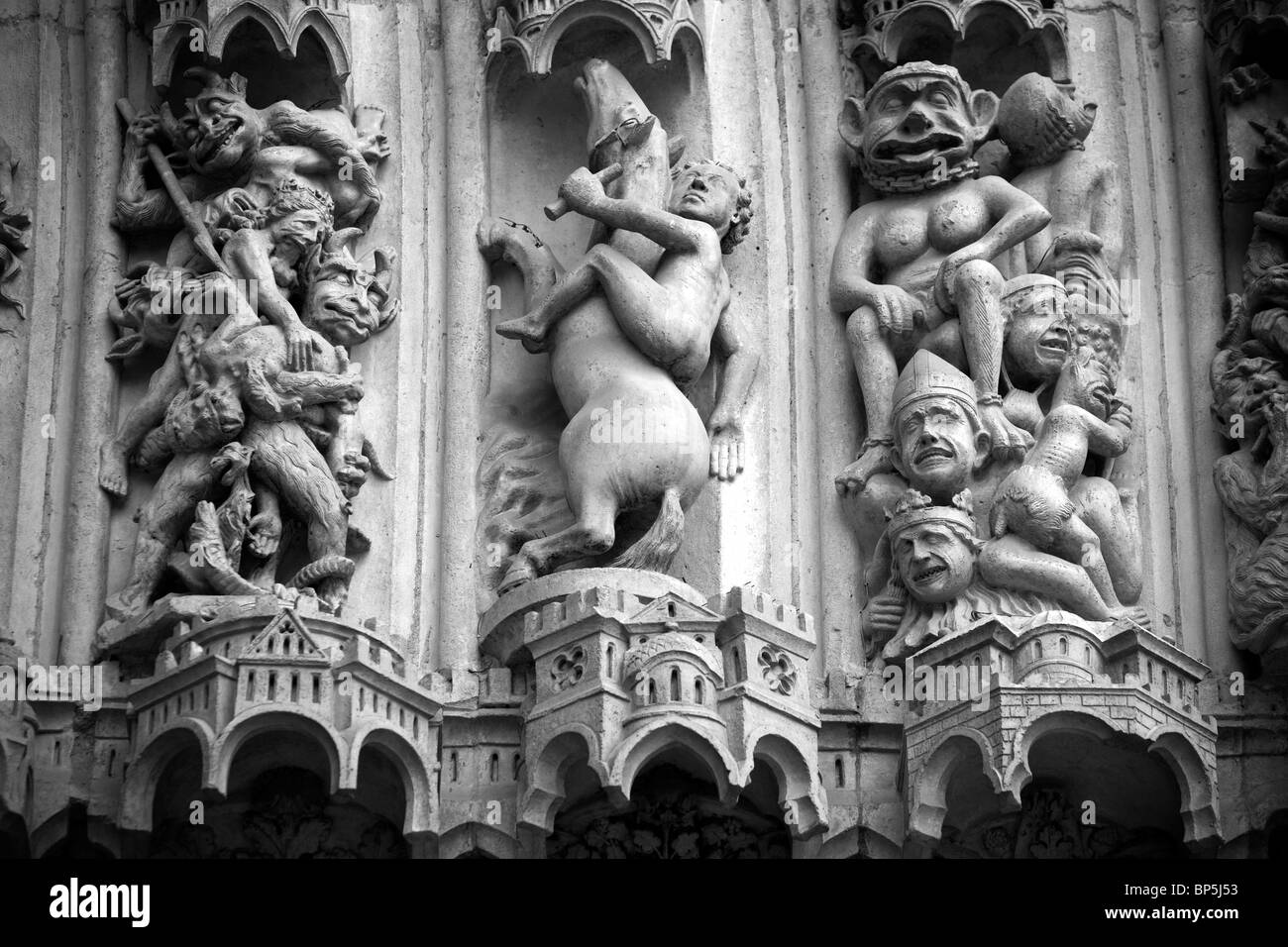 Notre Dame Front Facade Stone details. Stock Photo