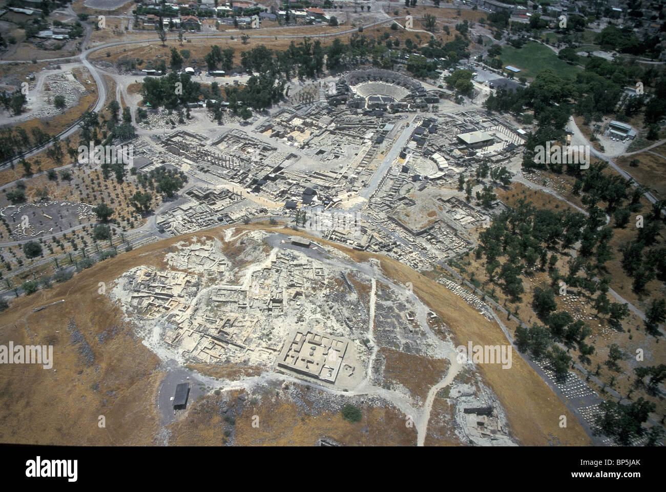 3706. BETH SHEAN - VIEW OF THE ROMAN CITY WITH THE CNAANITE TEL IN THE FOREGROUND Stock Photo