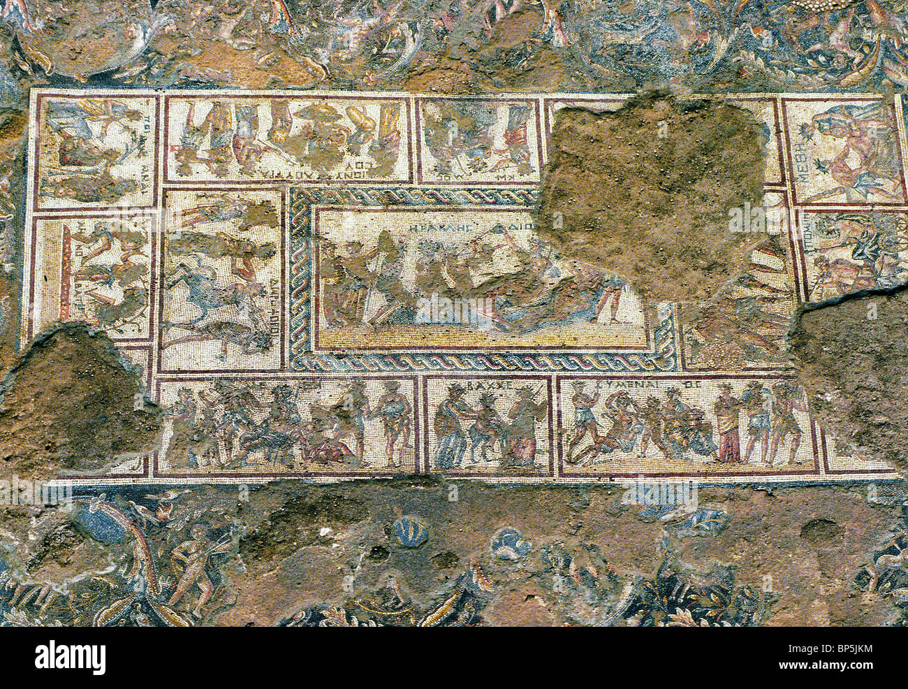 4048. SEPPHORIS - DETAIL OF A MOZAIC FLOOR FROM A LATE ROMAN (5TH. C. AD) HOUSE DEPICTING MYTHOLOGICAL SCENES Stock Photo