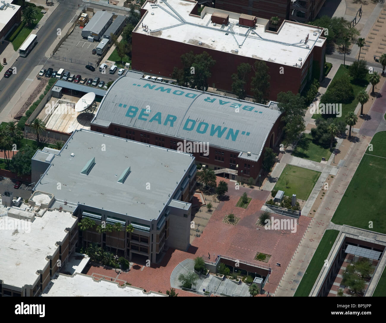 aerial view above campus buildings Bear Down rooftop sign University of Arizona Tucson Stock Photo