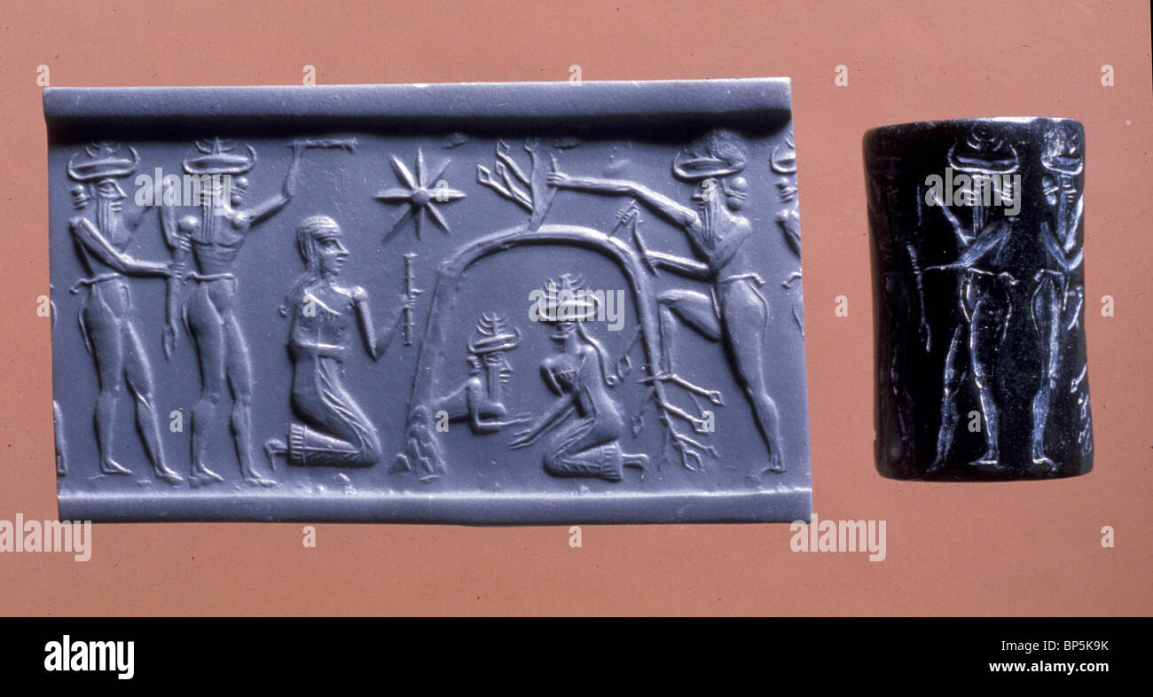 Serpentine Cylinder Seal Mesopotamia: late Akkadian period ca. 2254-2154 B.C. This beautiful Akkadian seal shows an enigmatic Stock Photo