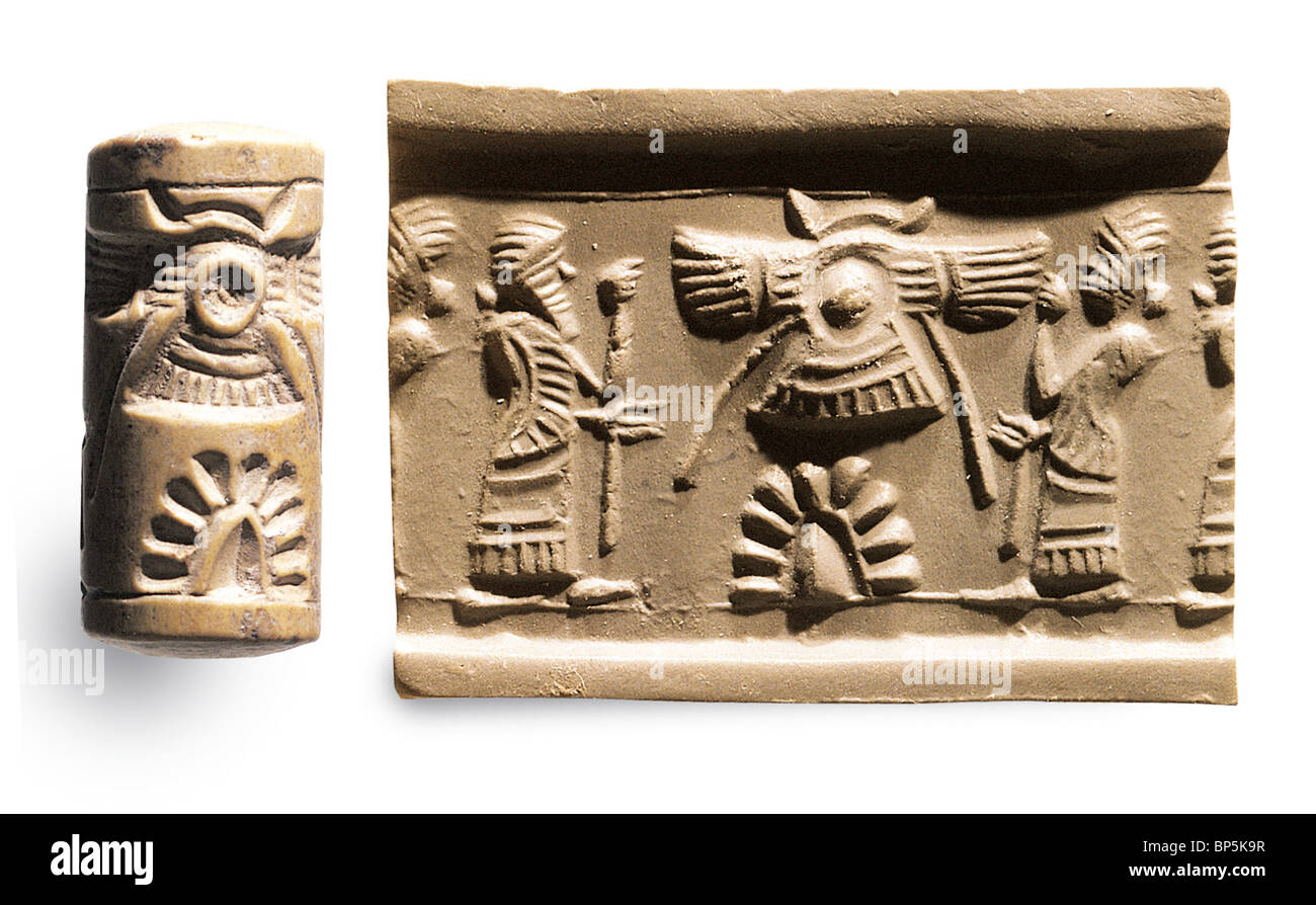 Cylinder seal depicting sacred tree surmounted by winged solar disk of Ashur & surrounded by adorants with cuneiform Stock Photo