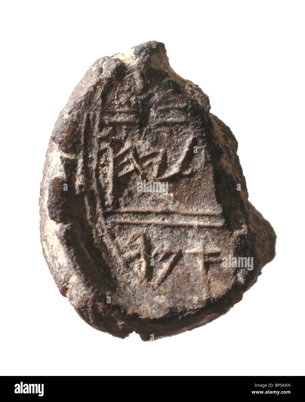 Bulla found in the Temple Mount dump excavations. The Hebrew inscription (when reconstructed) reads: l'galyahu (ben) immer Stock Photo