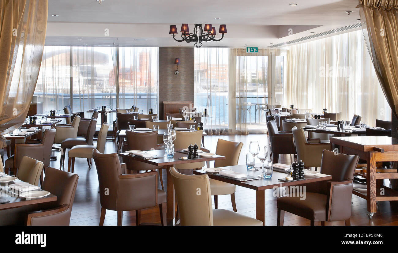 Restaurant at the 5 star St Davids Hotel, Cardiff bay, Wales,UK. Stock Photo
