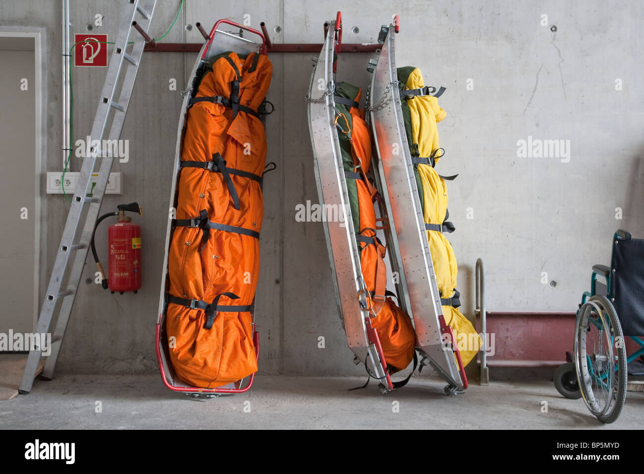 RESCUE SLEDGES, ALPINE RESCUE SERVICE,  SKIING REGION AT FELLHORN MOUNTAIN, NEAR OBERSTDORF,  ALLGAEU REGION, BAVARIA, GERMANY Stock Photo