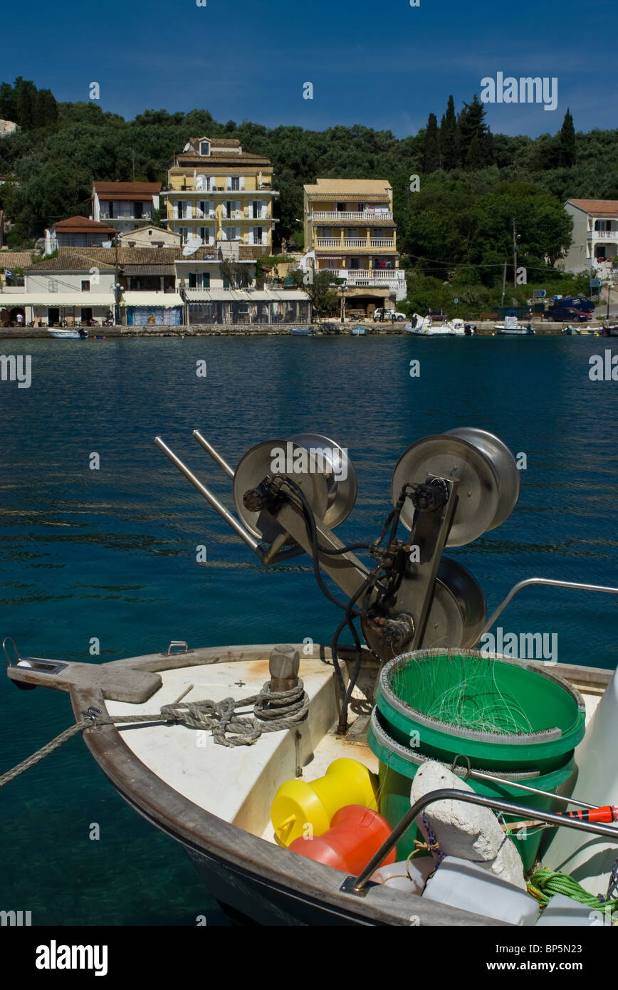 Fishing boat in a port of Kassopaia (Kassopea) on Corfu Island, Greece. Stock Photo