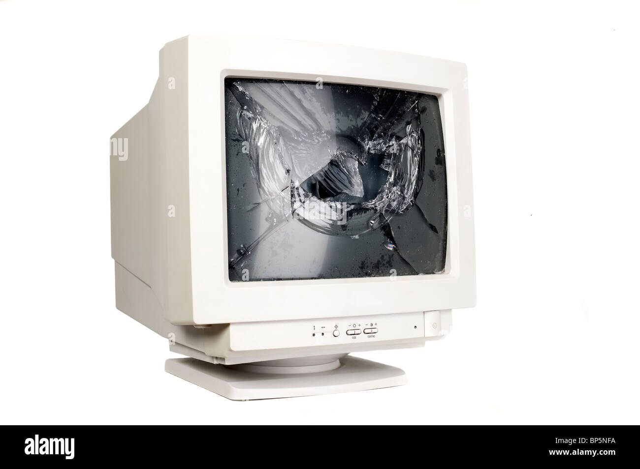 Broken screen of retro old white computer Stock Photo