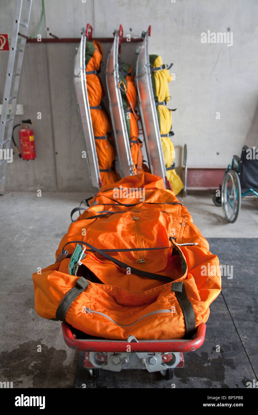 RESCUE SLEDGES, ALPINE RESCUE SERVICE, SKIING REGION AT FELLHORN MOUNTAIN, NEAR OBERSTDORF,  ALLGAEU REGION, BAVARIA, GERMANY Stock Photo