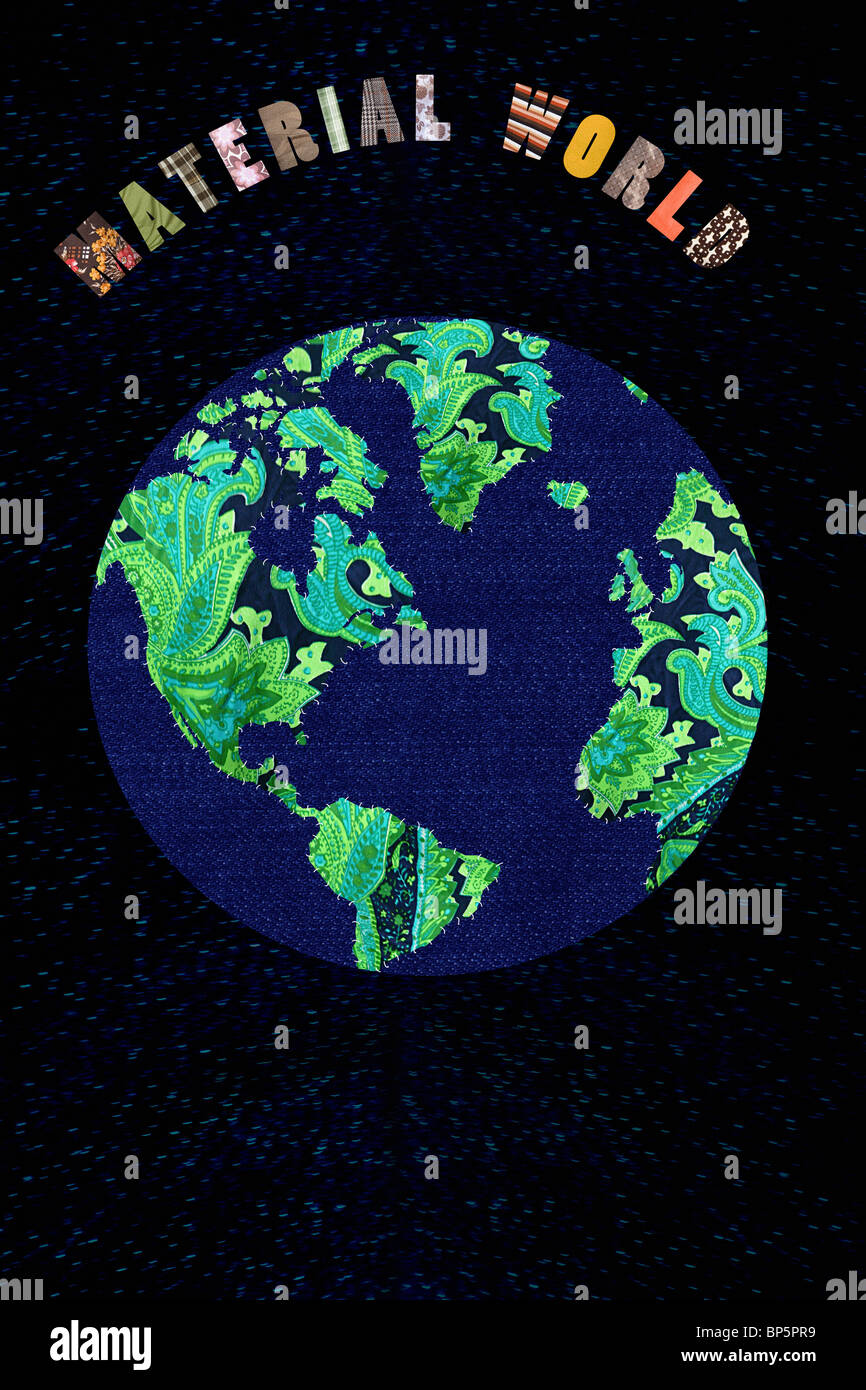Patchwork earth with the words Material World Stock Photo Alamy
