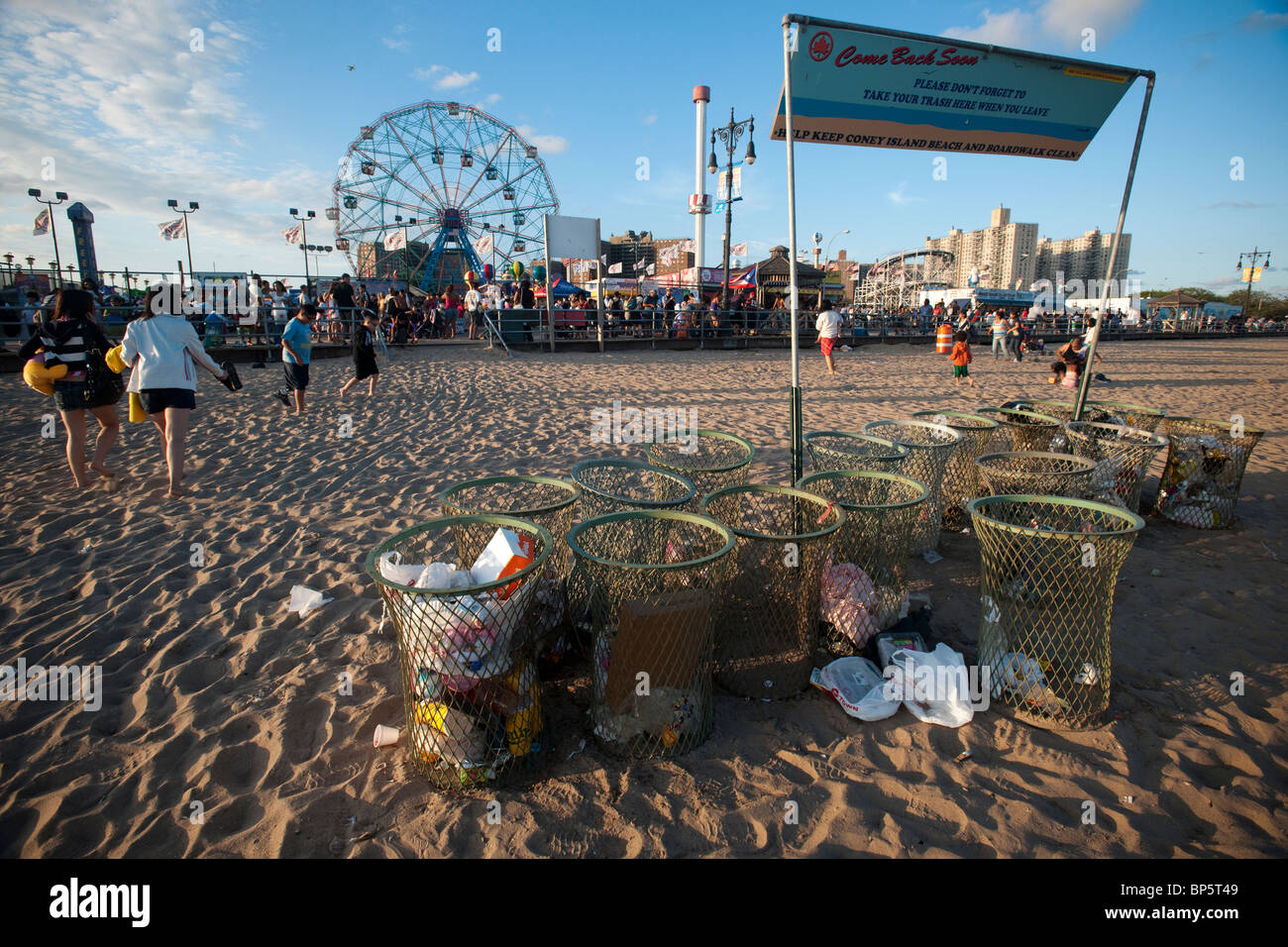 Trash cans on the beach at Coney Island in Brooklyn in New York on