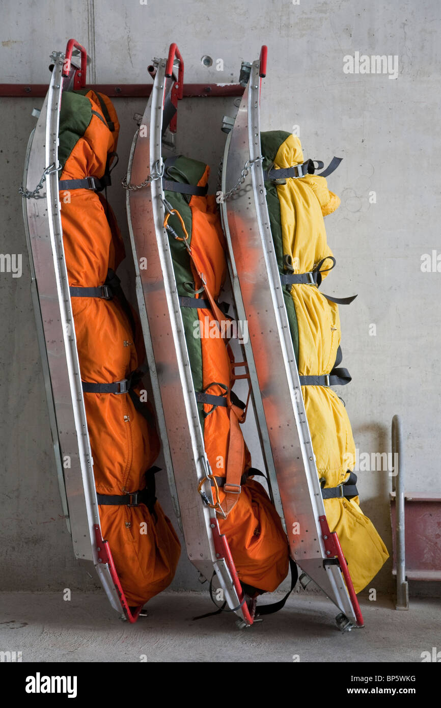 RESCUE SLEDGES, ALPINE RESCUE SERVICE,  SKIING REGION AT FELLHORN MOUNTAIN, NEAR OBERSTDORF,  ALLGAEU REGION, BAVARIA, GERMANY Stock Photo