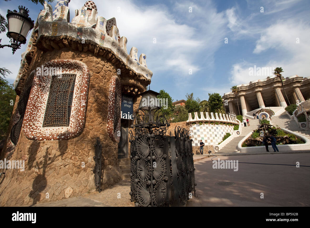 Barcelona Parc Güell main entrance, gatehouse and ceremonial staircase ...