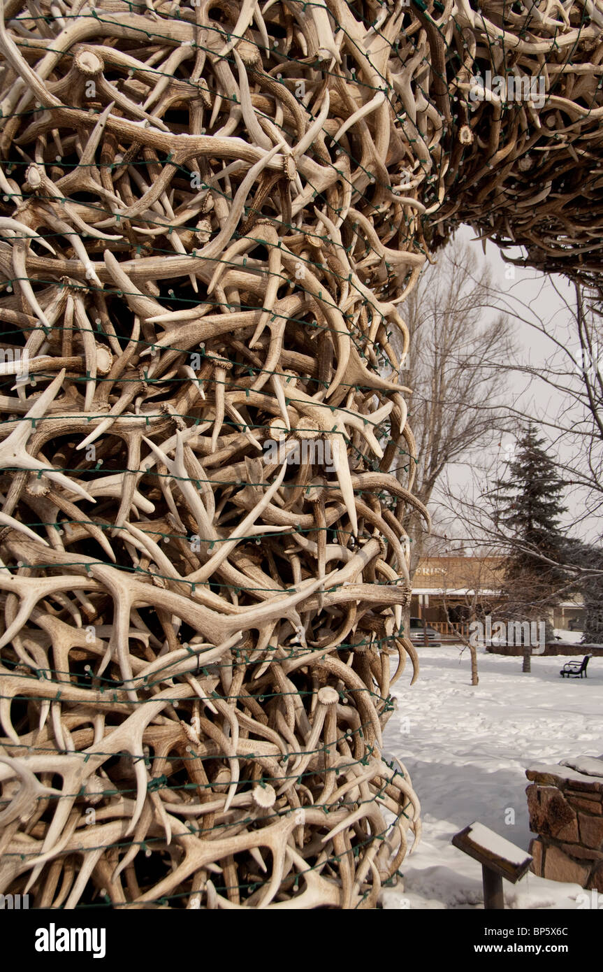 USA, Wyoming, Jackson Hole. Historic Town Square. Elk antler arch