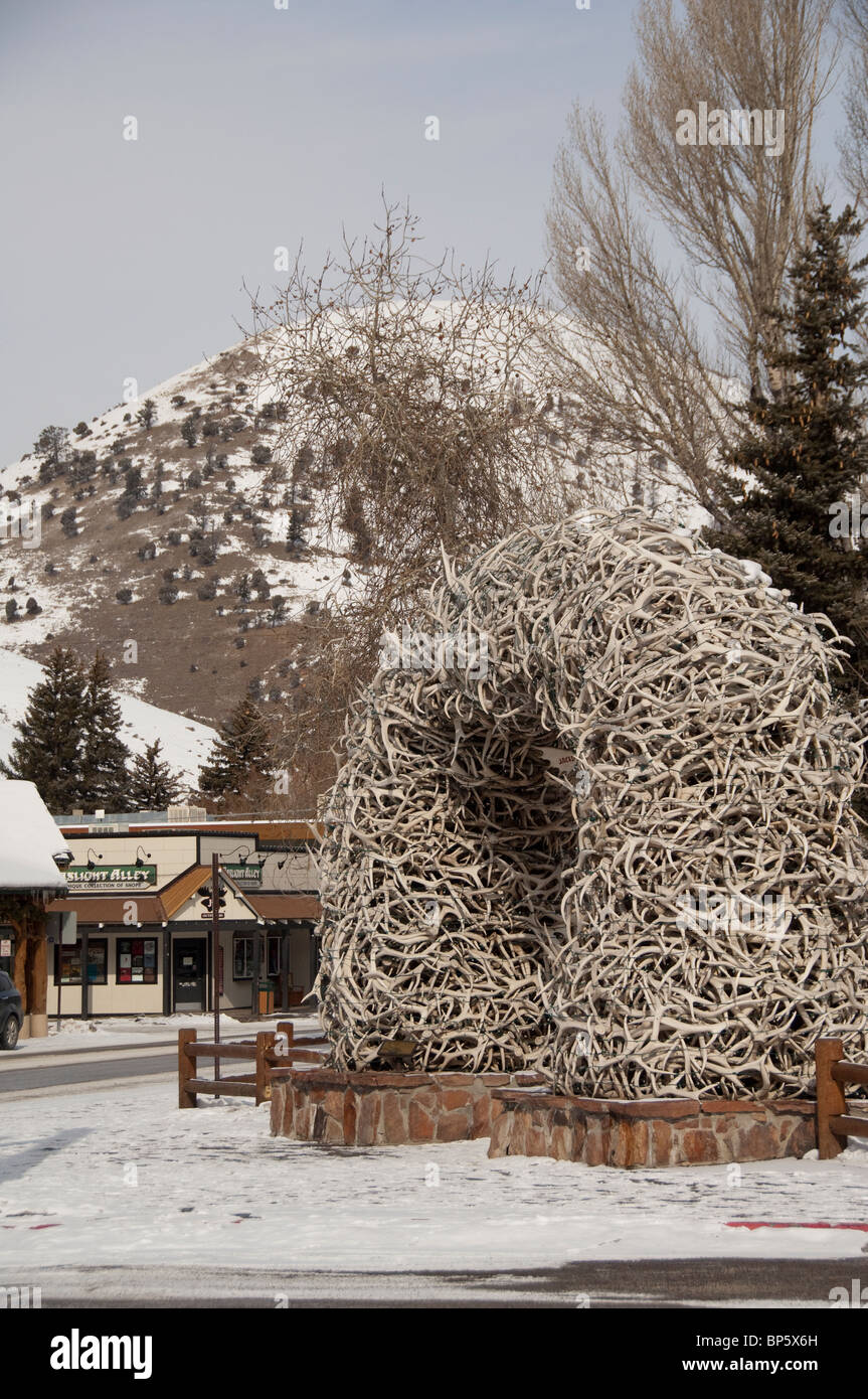 USA, Wyoming, Jackson Hole. Historic Town Square. Elk antler arch