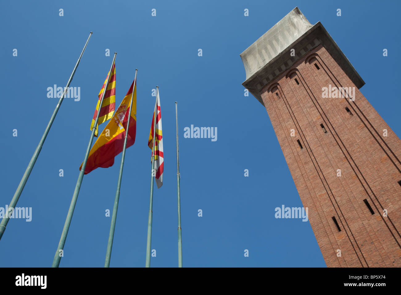 Barcelona, Plaça d'Espanya red-brick Venetian style campaniles Stock Photo
