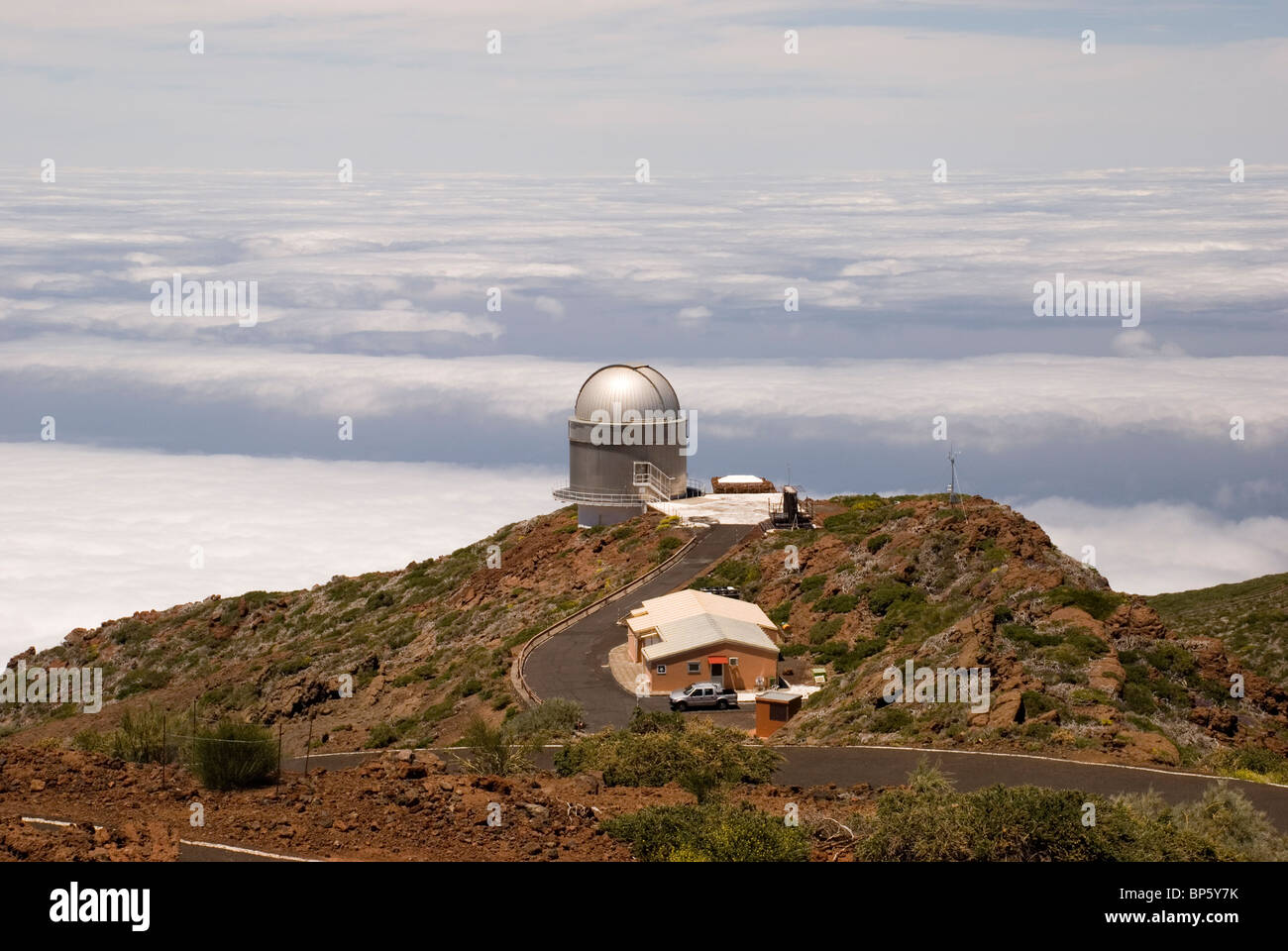 The Nordic Optical Telescope (NOT) see on a cloudy day from Roque de Los Muchachos Stock Photo