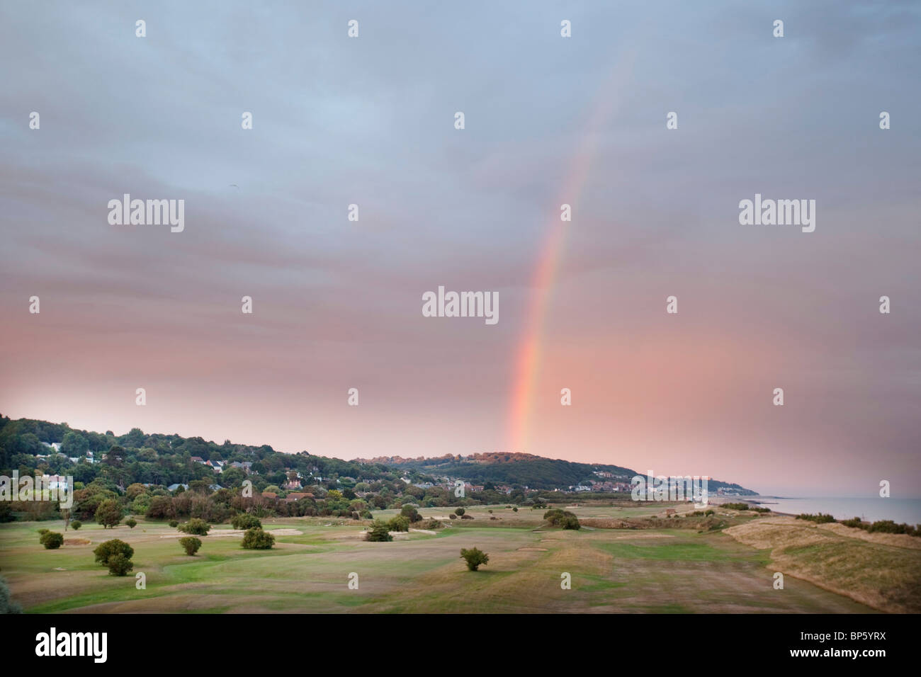 Rainbow over Hythe Golf Course Kent Stock Photo Alamy