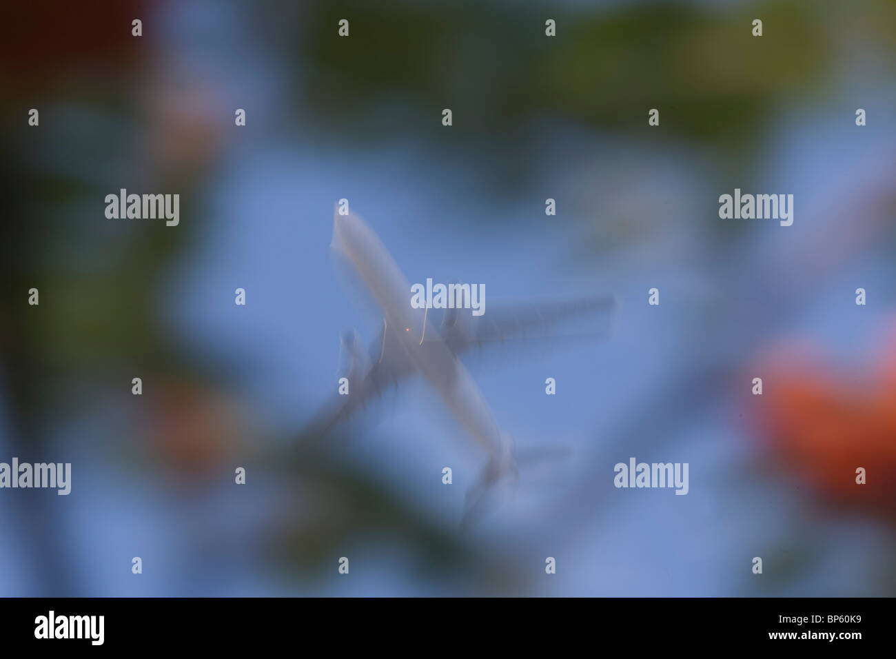 Seen through garden trees, a jet airliner passes overhead in bright skies, blurred purposely using a slow camera speed. Stock Photo
