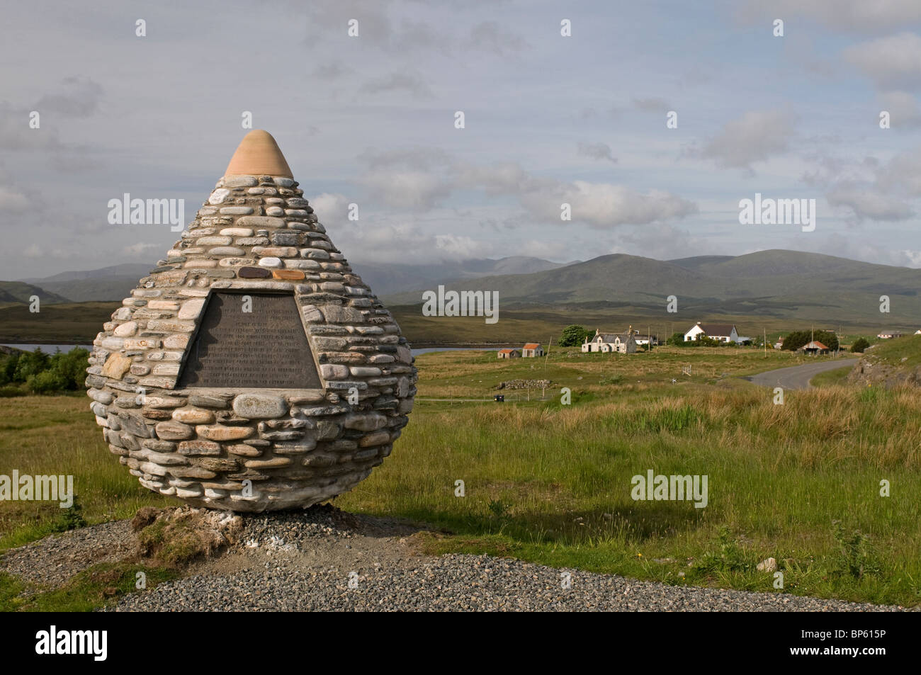 Beautiful Stone teardrop design memorial to the landing of Bonnie Prince Charlie, Lewis Hebrides.  SCO 6313 Stock Photo