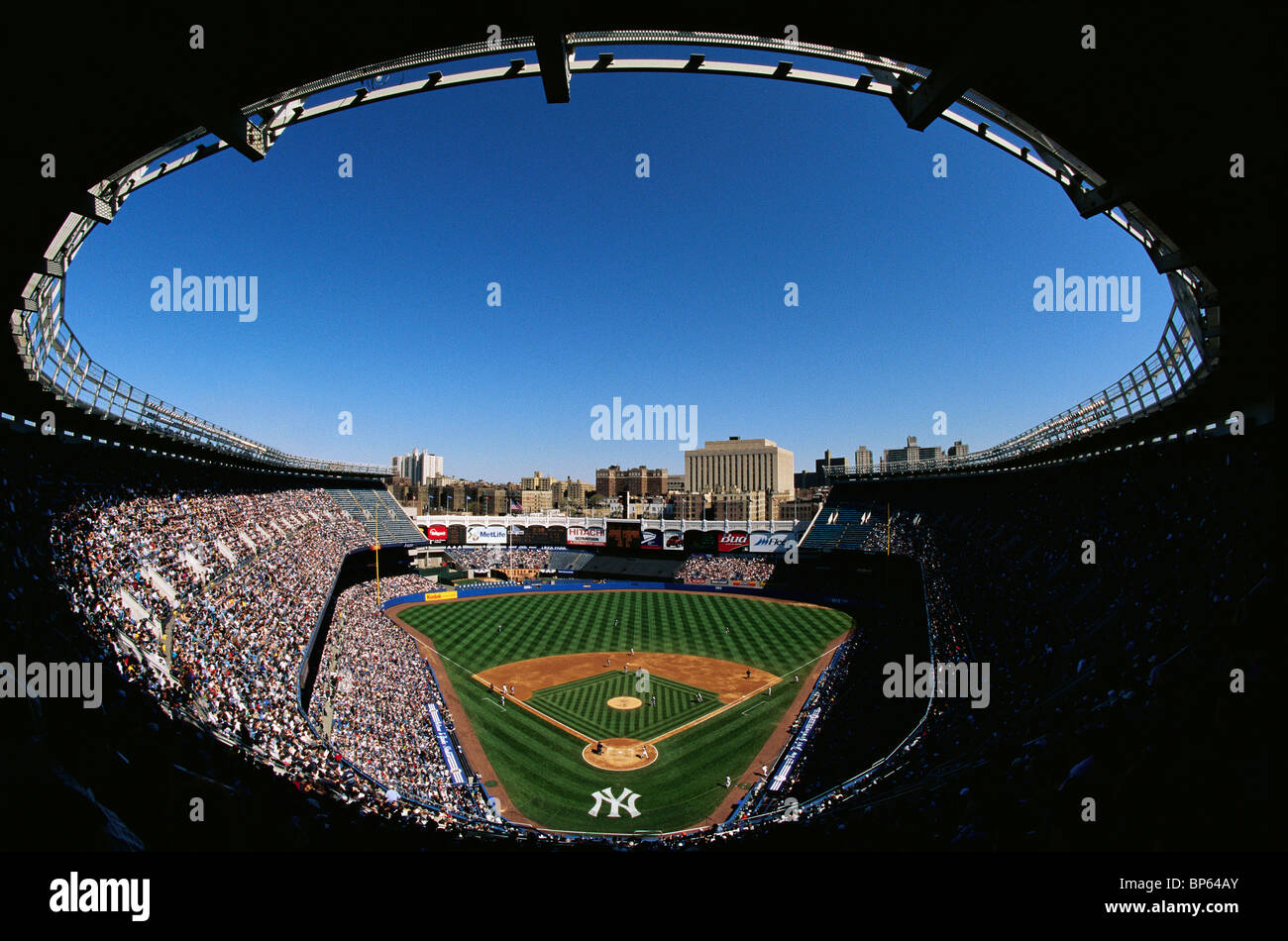 An overview of Old Yankee Stadium during a major league baseball game between the New York Yankees and the Detroit Tigers. Stock Photo