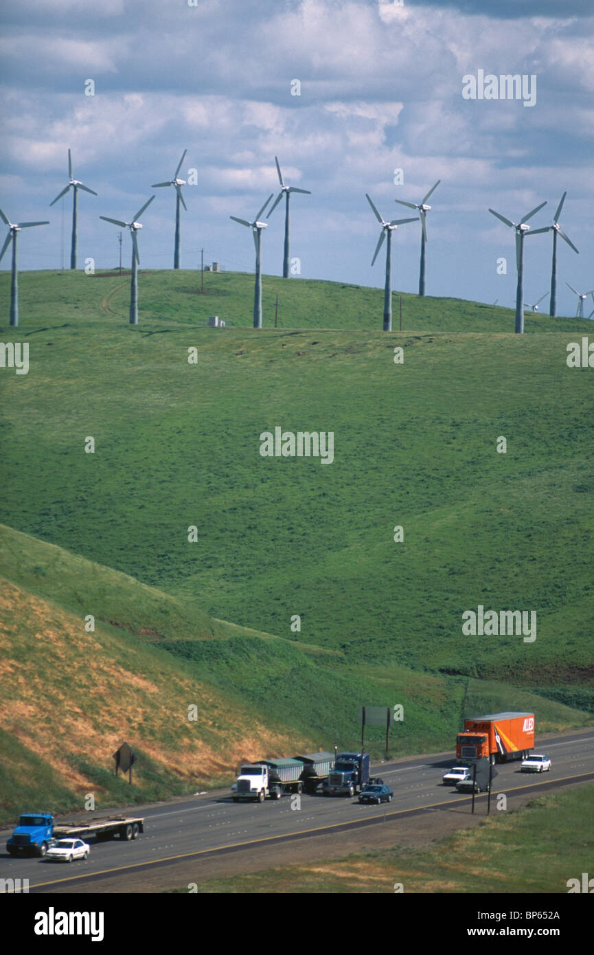 Windmills and Interstate highway 580, Altamont Pass, California, USA