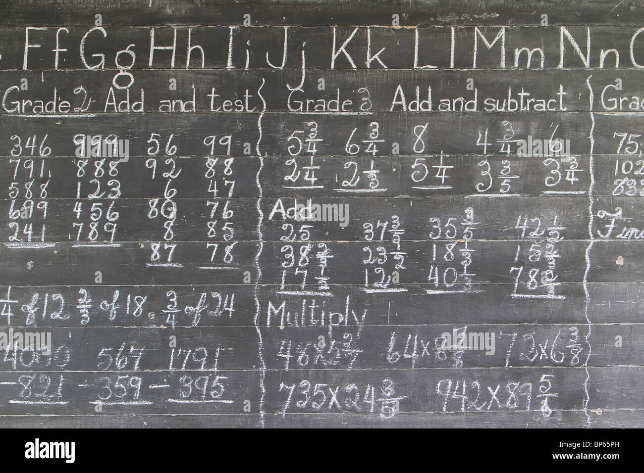 School chalk blackboard with elementary grade school math instructions in white chalk against