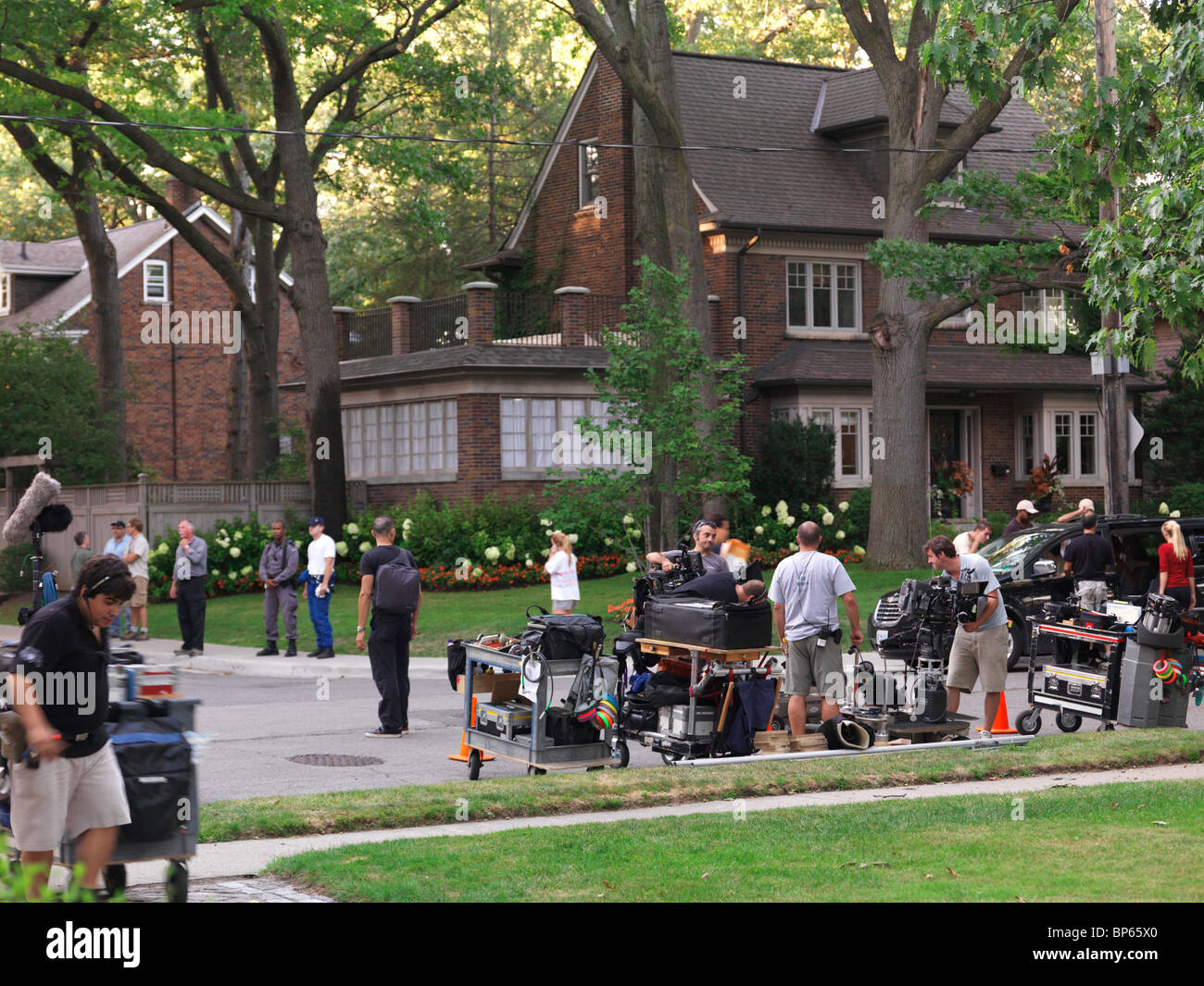 Film crew setting up equipment for The CW Television Network new Nikita series with Maggie Q in Toronto, Ontario, Canada 2010. Stock Photo