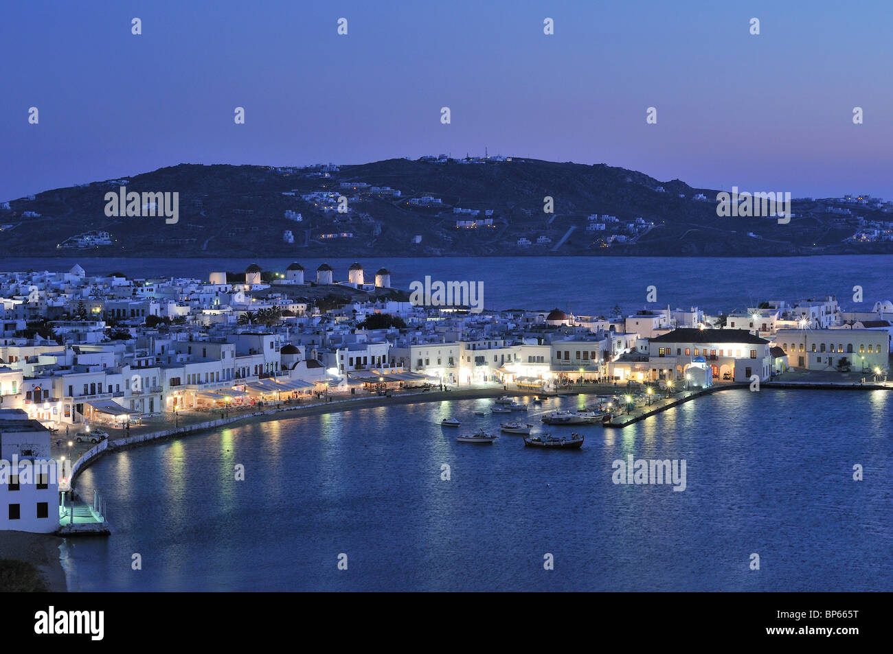 Mykonos Port at night Stock Photo