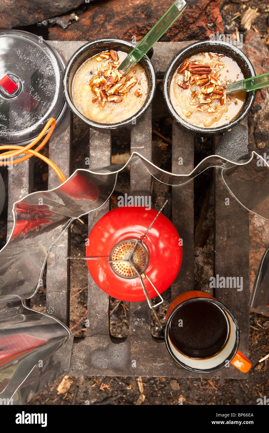 BREAKFAST, COFFEE AND CAMP STOVE ON FIRE GRATE Stock Photo Alamy