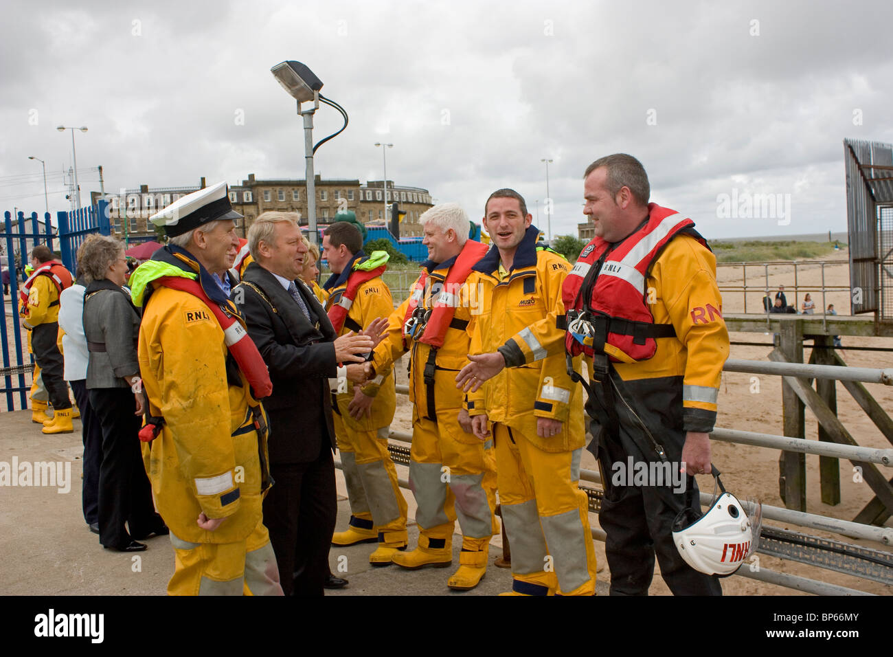 Fleetwood Lifeboat crew being introduced  by coxswain Paul Ashworth to the Mayor of Wyre Russell Forsyth on Lifeboat Day 2010 Stock Photo
