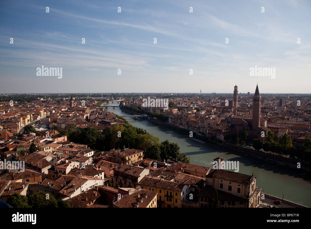 View over the rooftops of Verona, Italy as the sun is setting in the evening Stock Photo