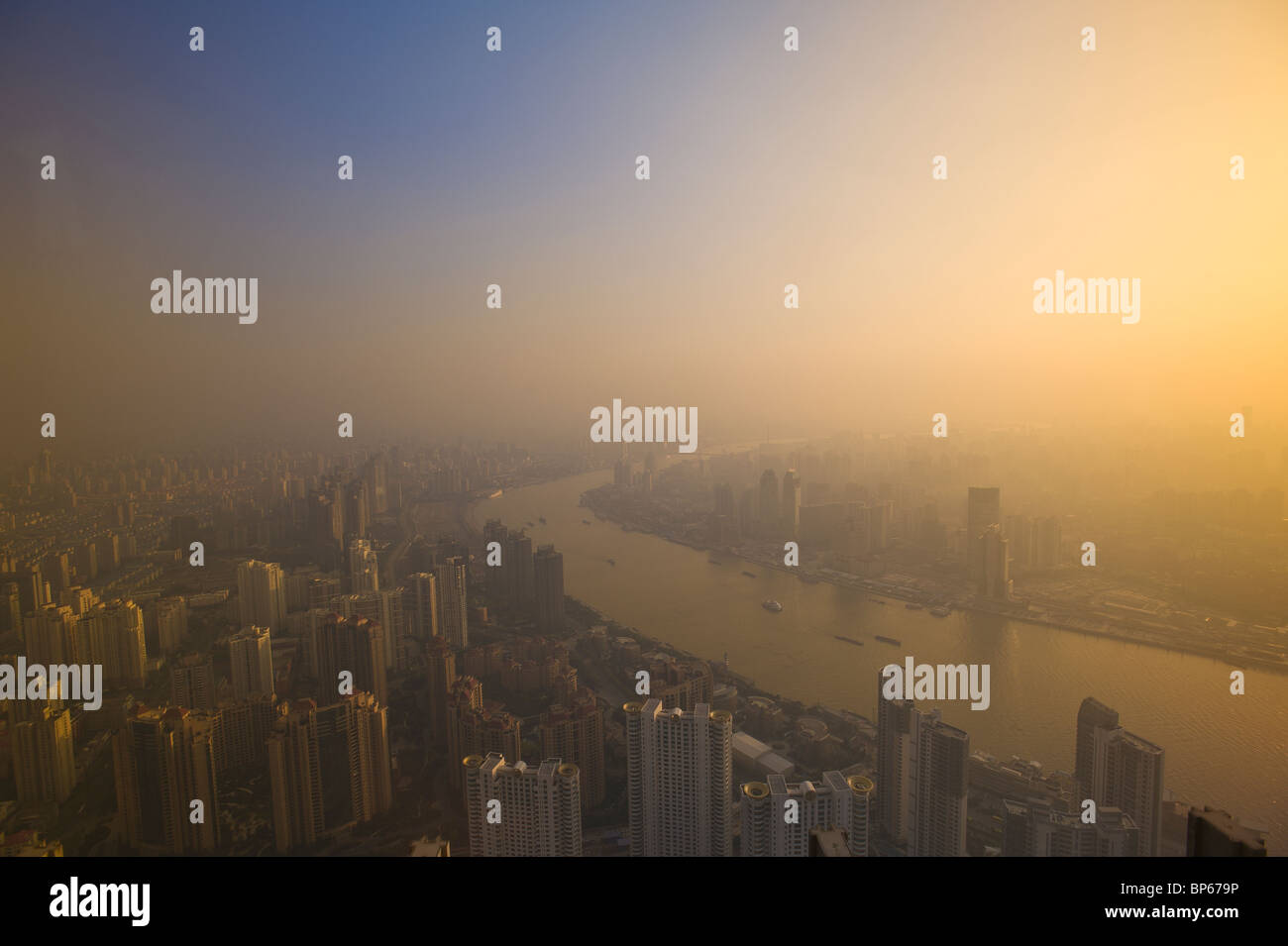 Aerial view of Shanghai city skyline smog pollution, China. Stock Photo