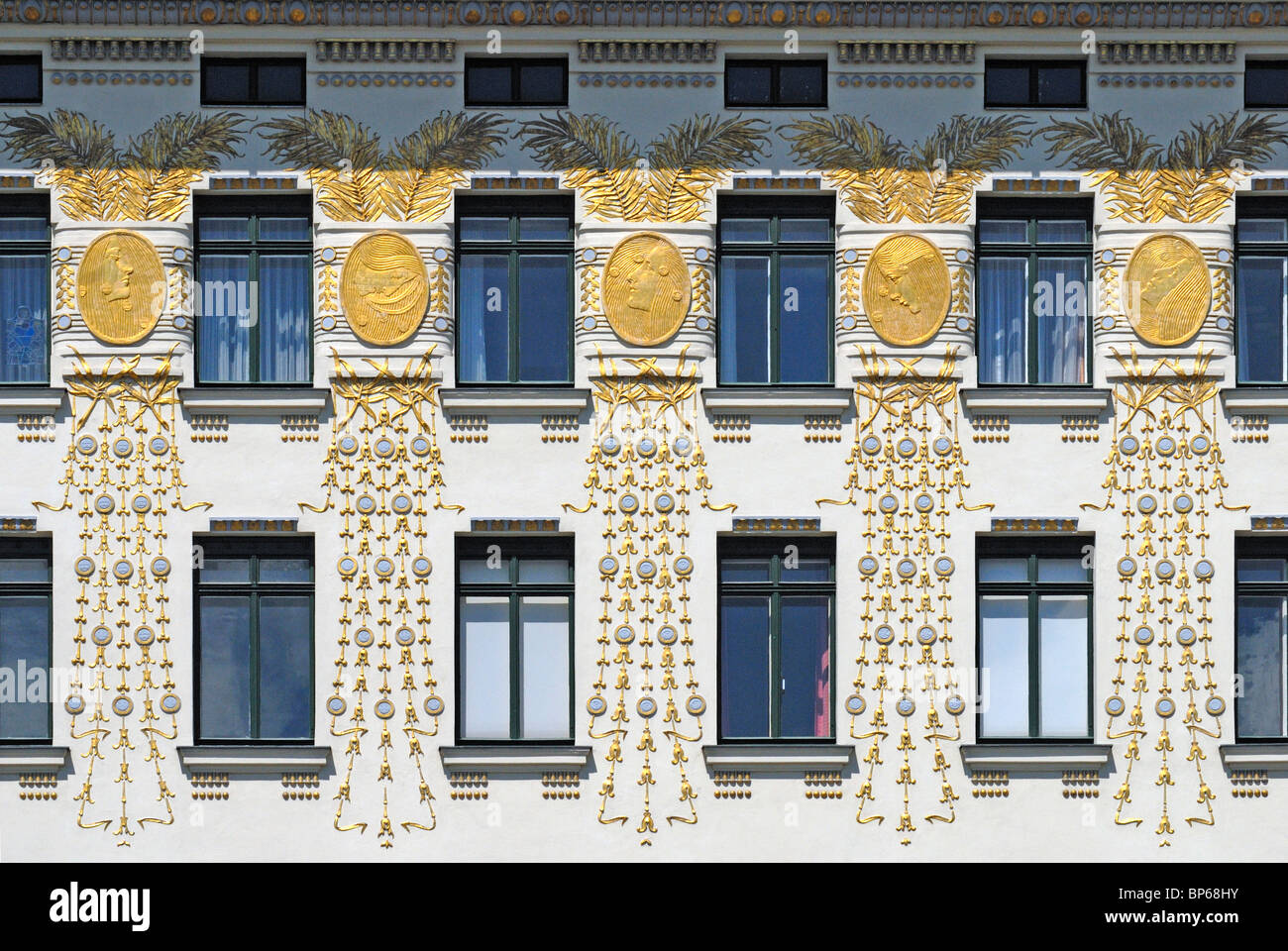Vienna, Austria. Weinzeilenhaus (Otto Wagner) in Naschmarkt - Art Nouveau / Jugendstil facade Stock Photo