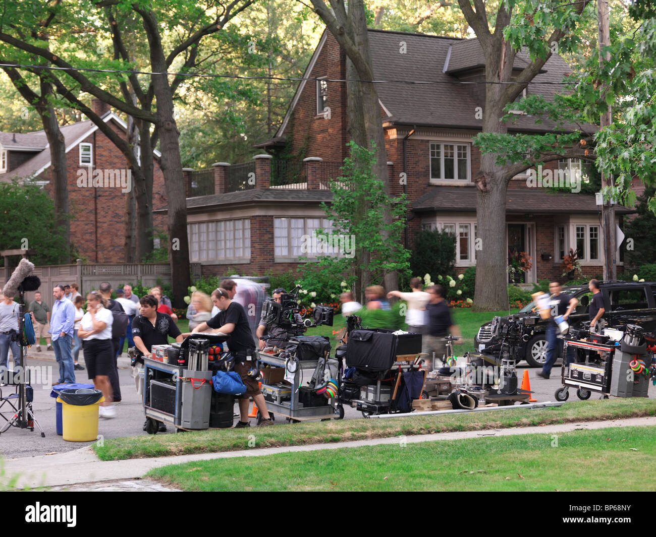 Film crew setting up equipment for The CW Television Network new Nikita series with Maggie Q in Toronto, Ontario, Canada 2010. Stock Photo