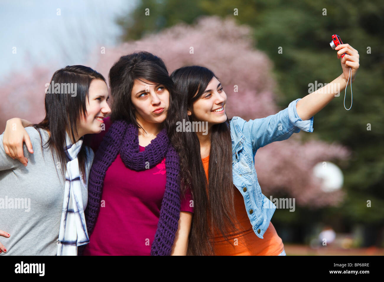 Portland, Oregon, United States Of America; Three Teenage Girls Using A Camera And Being Silly In Portland Park Stock Photo