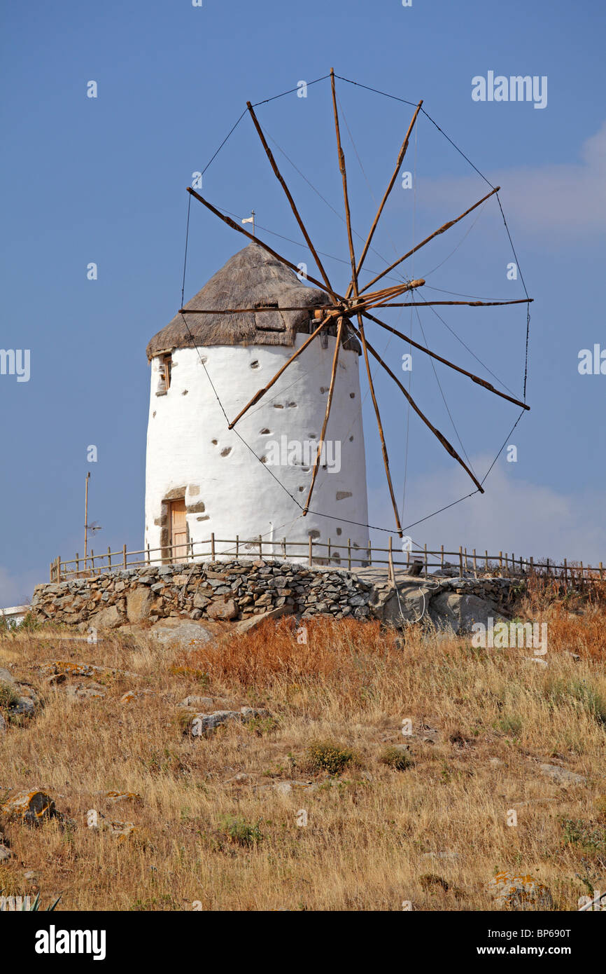traditional white windmill at the mountain village Vivlos, Island of Naxos, Cyclades, Aegean Islands, Greece Stock Photo